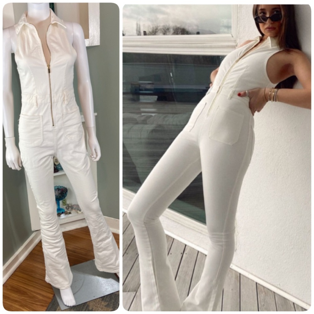 WeWoreWhat White Sleeveless Zip Flared Bell Bottom Stretch Denim Jumpsuit Size 4